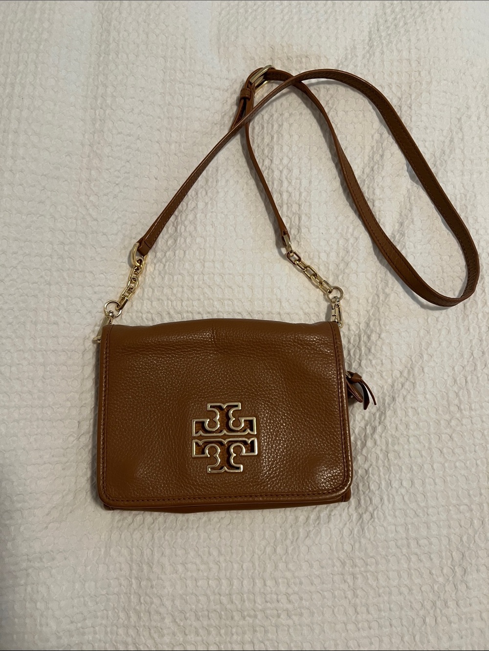 Tory Burch Pebbled Leather Crossbody in Brown with Gold Logo